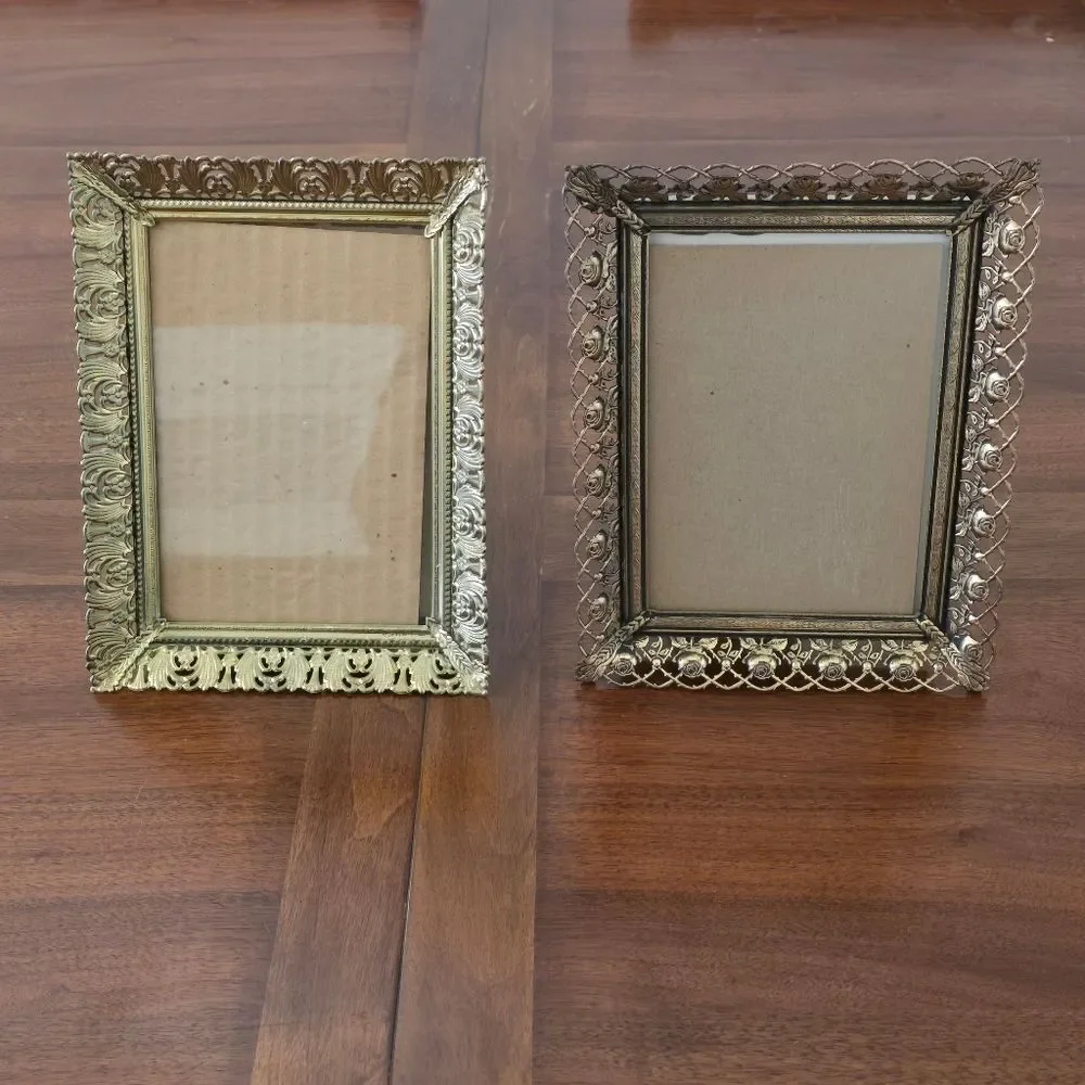 Vintage Ornate Brass Photo Frame Set Gold Tone MCM Filigree‎ Flowers Easel
